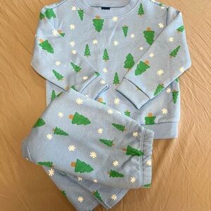 Old Navy Blue Matching Set with Green Trees and Snowflakes
